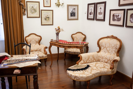 11/29/2022, Cherepovets, Vologda region, Russia. The Galsky estate is a noble estate of the beginning of the 19th century. Different rooms and antique furniture and dishesのeditorial素材