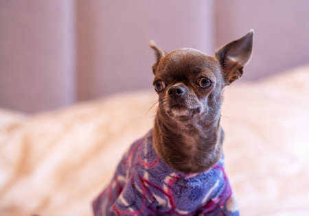 A close-up image shows a cute chihuahua puppy of a domestic mammal breed lying relaxing on a bed. Pets are resting, sleeping. A touching and emotional portrait. Dog ears, eyes and muzzlesの写真素材