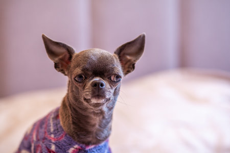 A close-up image shows a cute chihuahua puppy of a domestic mammal breed lying relaxing on a bed. Pets are resting, sleeping. A touching and emotional portrait. Dog ears, eyes and muzzlesの写真素材