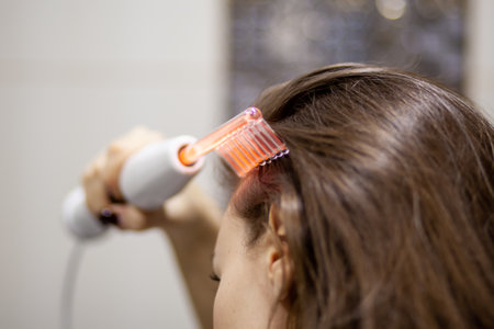 Woman uses darsonval for massage head's skin. Receiving electric darsonval facial massage procedure. Face Beauty Treatment. Darsonval Therapy Using High Frequency D'Arsonval, Skin Care Device .の写真素材