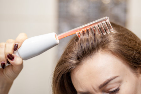 Woman uses darsonval for massage heads skin.