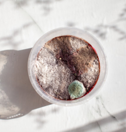 Mold in a raspberry jam jar. Dangerous for health. round mold blue whiteの写真素材