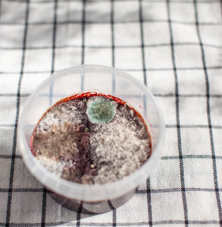 Mold in a raspberry jam jar. Dangerous for health. round mold blue whiteの写真素材