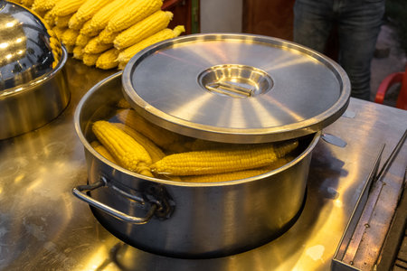 A street vendor roasts corn on a charcoal grill in Istanbul,の写真素材