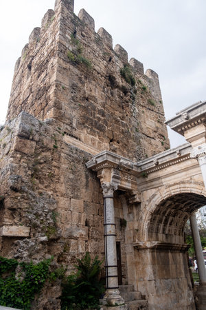 View of famous gate or Hadrianus arch in Antalya without visitorsの写真素材