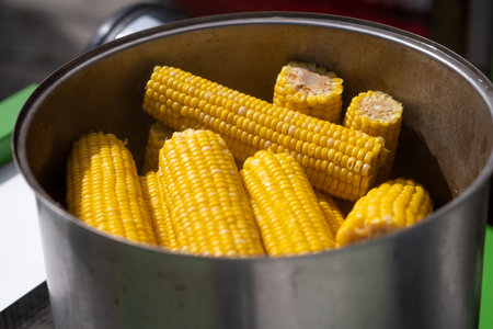A street vendor cooks corn in a pot and sells it.の写真素材