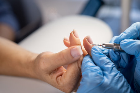 Female hands and tools for manicure, process of performing manicureの写真素材