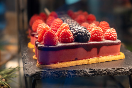 Sweet pastries with berries. Showcase in a candy store.の写真素材