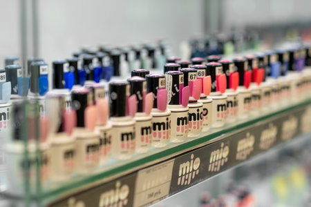 Showcase with different nail polishes in a store window.のeditorial素材