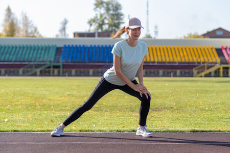A young beautiful woman in sportswear plays sports at a local stadium