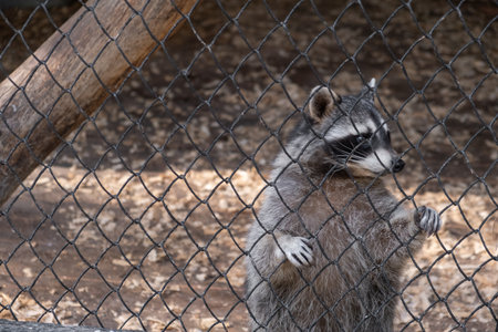 A funny raccoon climbs around a cage in a zoo, attracting peopleの写真素材
