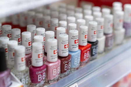 Showcase with different nail polishes in a store window.のeditorial素材