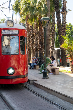 Vintage red tram on the streets of Antalya or Istanbul.のeditorial素材
