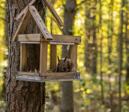 A beautiful red squirrel climbs a tree in search of food.の写真素材