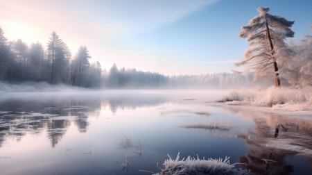 Snow-covered landscapes, including mountains, forests, rivers, lakes and fields. illustration for cover, interior design. AI generative.の素材