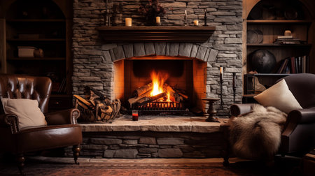Inviting living space with fireplace and cozy atmosphere for ultimate comfort. Illustration for cover, interior design. AI generative.の素材