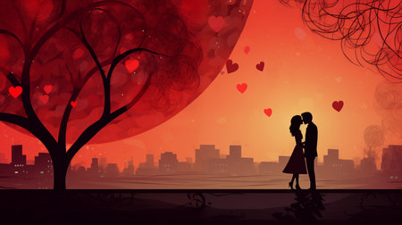 Silhouette of a young couple, deeply in love, tenderly hugging and caressing each other in an autumn park. Romantic scene. Illustration for cover, interior design. AI generative.の素材