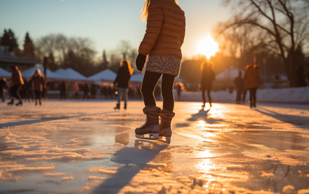 Ice skating outdoors in winter. Brown skates on the public close up. Generation Aiの素材