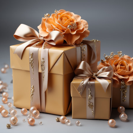 A wrapped gift boxes with a bow on a wooden table. Lots of gift boxes. Flat lay style with copy space. Generative AI.の素材