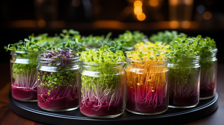 Closeup of microgreens sprouts ready to eat. Growing microgreens at home. Generative AIの素材