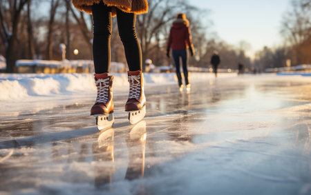 Ice skating outdoors in winter. Brown skates on the public close up.の素材