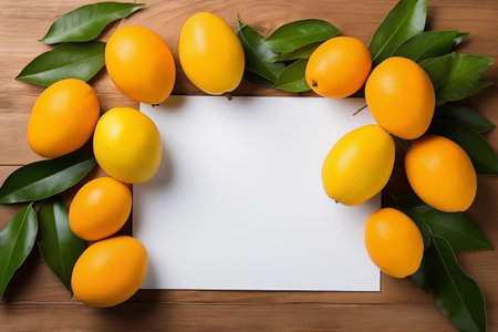 Many mangoes in the background, centered on a white piece of paper for text, texture. AI generative.の素材