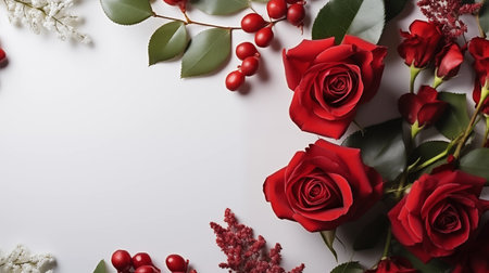 Background of red rose flowers on white background, texture. AI generative.の素材