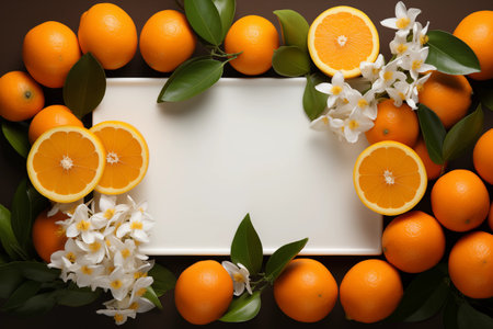 Background of oranges and in the middle a pure white piece of paper for text, texture. AI generative.の素材