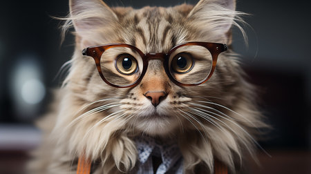 Striped cat wearing glasses close-up. AI generative.の素材