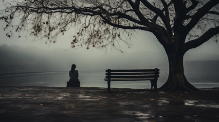 Lonely man sitting alone on a bench near a lake. Loneliness, depression, pain and reflection. Generate AIの素材