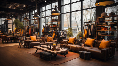 Modern fashion store of men's jackets and clothes. The store has luxurious furniture. AI generative.の素材