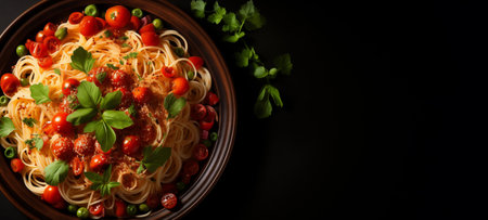 Italian spaghetti pasta on a dark plate, top view with empty space for text placement. Generate AIの素材