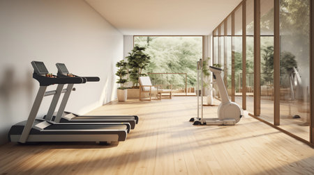 Modern gym for exercising at home, treadmill stands by the window. Generate AIの素材
