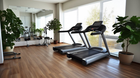 Modern gym for exercising at home, treadmill stands by the window. Generate AIの素材