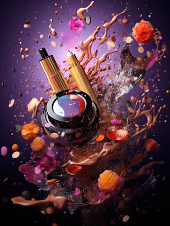 Various cosmetics on the background as an abstraction. Bright lipstick, mascara and other beauty products. Generative AIの素材