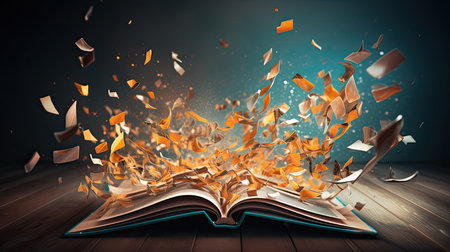 A magical book with open vintage pages and abstracts glowing against a dark background, Concept of Literature and Education. Generative AIの素材