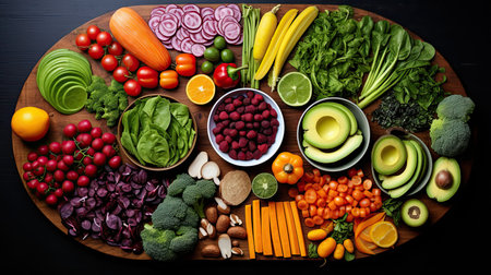 Colorful vegetables and fruits on the table, healthy and wholesome food, Concept of healthy food, Top view. Generative AIの素材