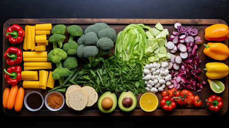 Colorful vegetables and fruits on the table, healthy and wholesome food, Concept of healthy food, Top view. Generative AIの素材