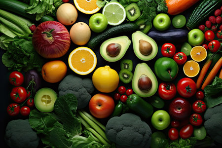 Colorful vegetables and fruits on the table, healthy and wholesome food, Concept of healthy food, Top view. Generative AIの素材