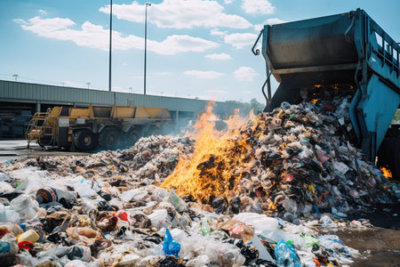 Modern plant for sorting and recycling household waste and waste. Large industrial complex of conveyors, bunkers. Recycling and storage of waste for further disposal. Generative AIの素材