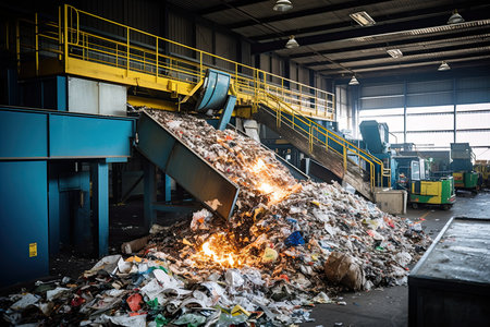 Modern plant for sorting and recycling household waste and waste. Large industrial complex of conveyors, bunkers. Recycling and storage of waste for further disposal. Generative AIの素材