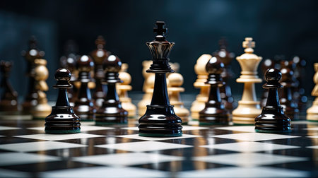 Chess pieces standing on a chessboard. Strategy of playing and winning, abstract, Generative AIの素材