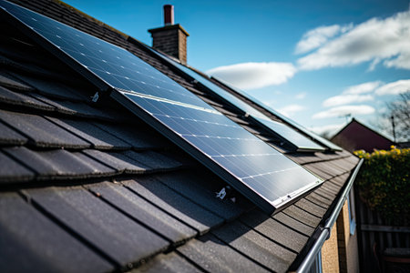 Installed solar panels on the roof of a house, renewable energy, energy saving, Generative AIの素材