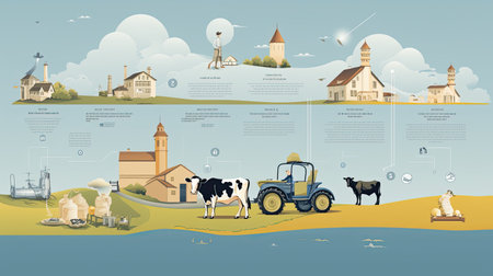 The process of producing milk, an ancient farm and modern dairy production, cows, fields, to illustrate the history of milk production, generative AIの素材
