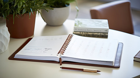 open notebook on the desktop, a pen for writing, glasses, a coffee mug and other stationery items, generative AIの素材