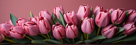 Bouquet of pink tulips on pink background. Greeting card. Mother's day, Valentine's Day, Birthday celebration concept. Copy space for text, top view, generative AIの素材