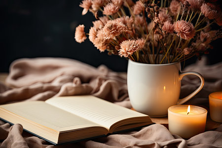 Cozy photo, Cup of tea or coffee, book and blanket on table by window, fall or winter, generative AIの素材