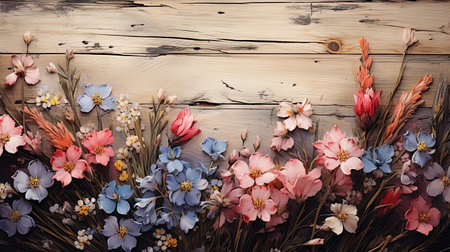 Flowers on an antique wooden background, border design, vintage color tone - a conceptual flower of a spring or summer background, AI generative.の素材