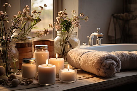 Cozy and modern Bathroom with candle bathtub and sink, beautifully decorated bathroom, Generate Aiの素材