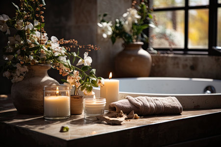 Cozy and modern Bathroom with candle bathtub and sink, beautifully decorated bathroom, Generate Aiの素材